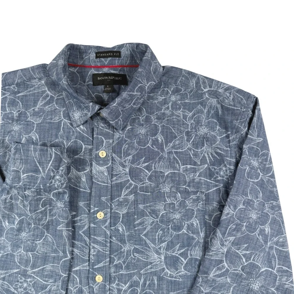 Banana Republic Mens Blue Floral Hibiscus Button Down Shirt Long Sleeve Large L